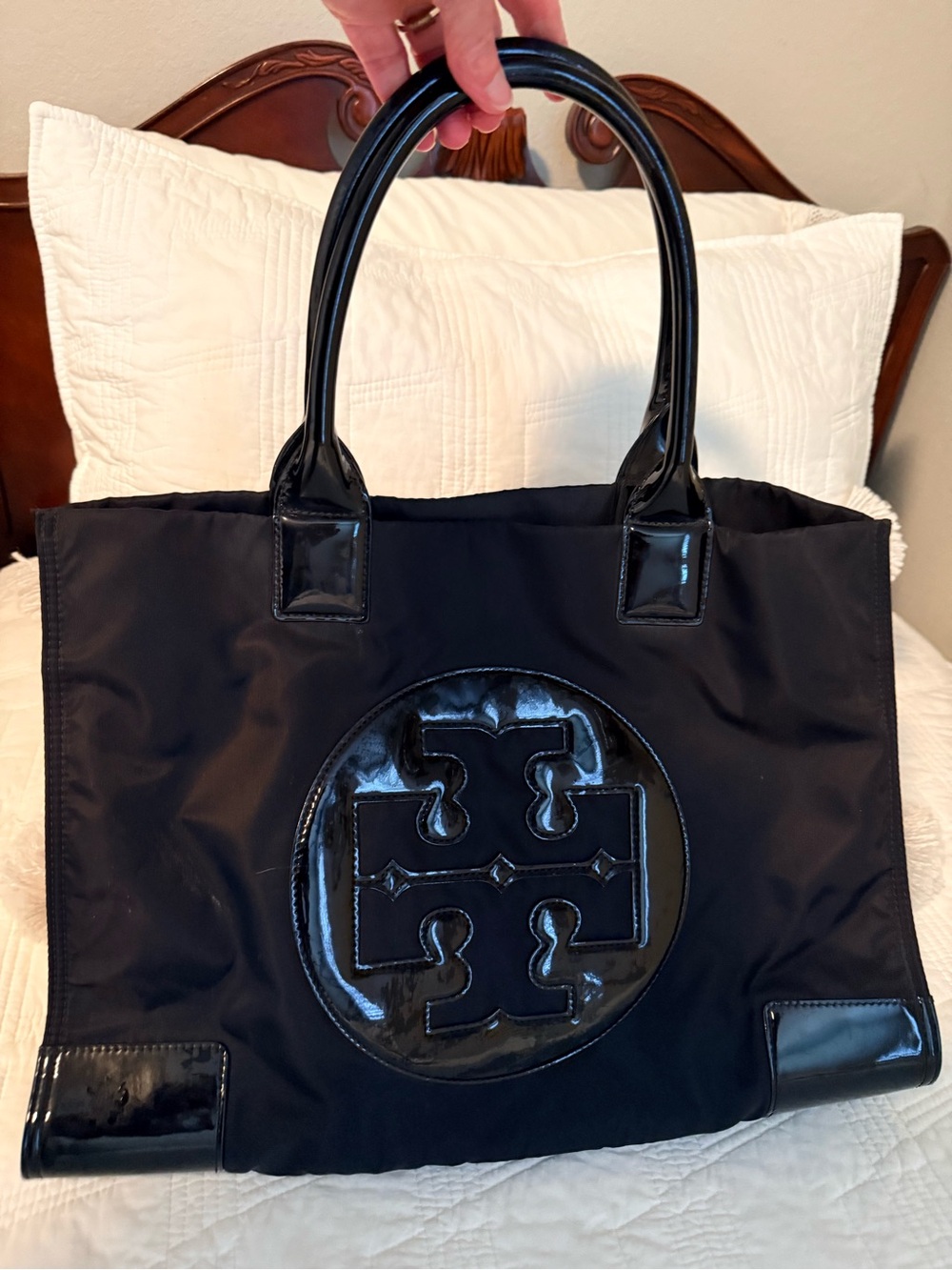 Tory Burch Black Nylon Tote with Patent Logo